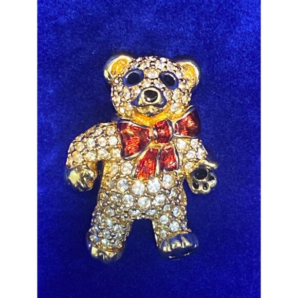 Swarovski Teddy Bear w Red Enamel Bow Crystal Studded Pin Brooch 1 1/4 Inch - Picture 1 of 4